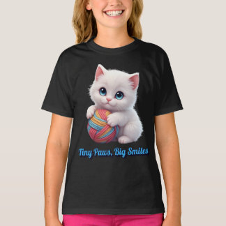 かわいい白い子猫の毛糸のボール 小さな肉球 大きな笑顔 Tシャツ