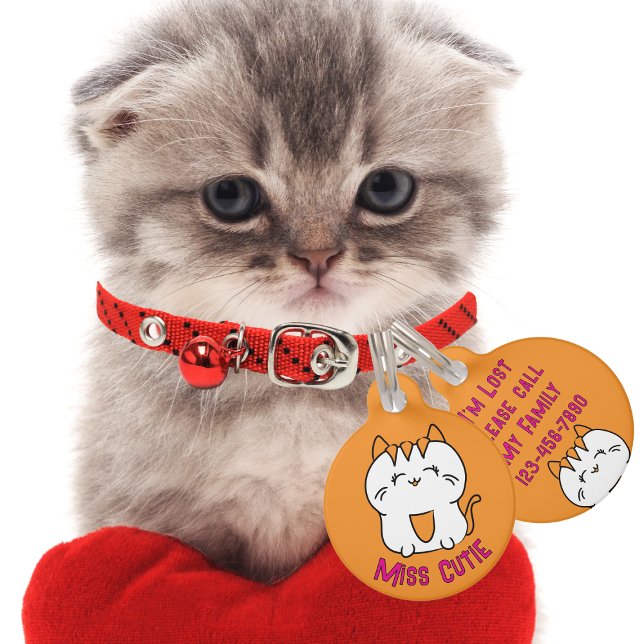 かわいい白い子猫の漫画かわいいオレンジピンク ペット　ネームタグ (クリエイターアップロード済み)