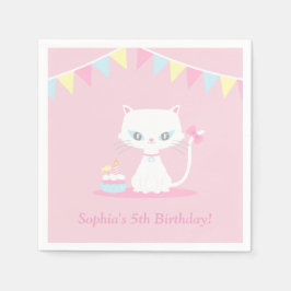 かわいい白い子猫の誕生日パーティー用紙ナプキン スタンダードカクテルナプキン