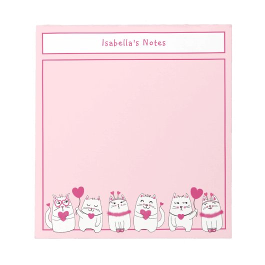 かわいい白い子猫キッズ名前をカスタムするピンクメモ帳 ノートパッド (正面)