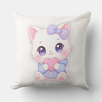 かわいい白い子猫ハートと紫のリボンの枕 クッション