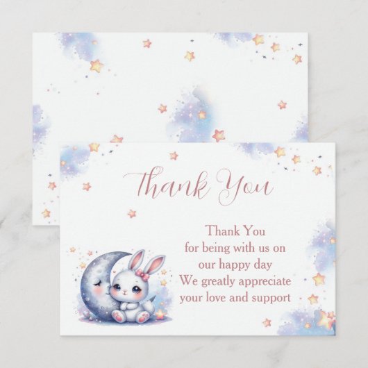 かわいい白い小さなウサギと三日月銀の月 サンキューカード (正面/裏面)