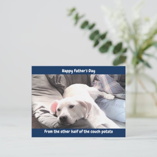 かわいい白い怠け犬と友達の最高のパパの写真 シーズンポストカード (スタンド正面)