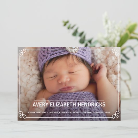 かわいい白い枠写真誕生のお知らせ 案内状 (スタンド正面)