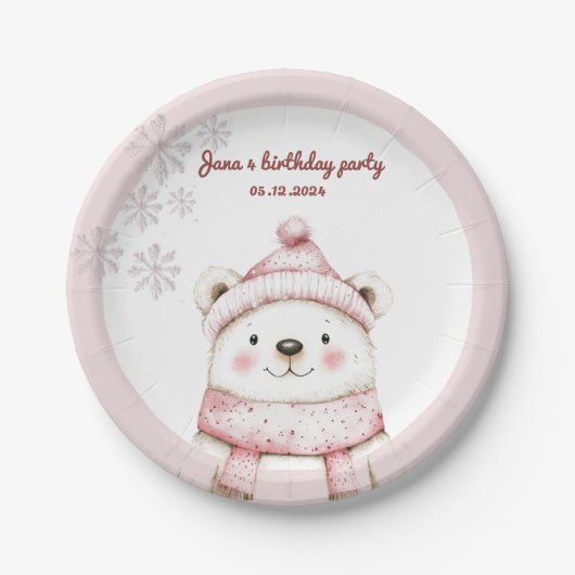 かわいい白い熊の誕生日を祝う、冬の不思議な世界 ペーパープレート (正面)