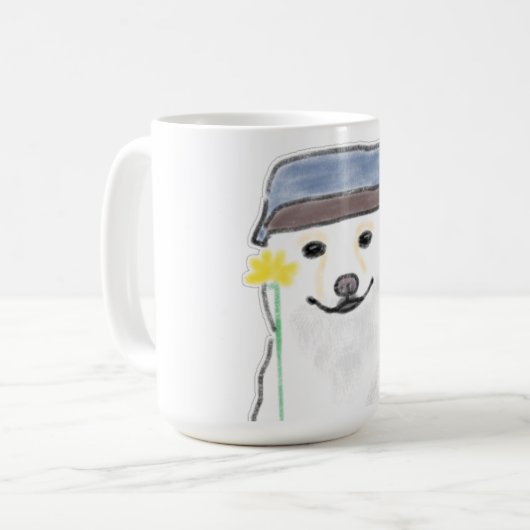 かわいい白い犬が帽子をかぶって黄色い花を持っている D コーヒーマグカップ (正面左)