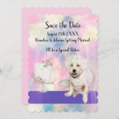 かわいい白い犬とのおめでたい日を保存 招待状 (正面/裏面)