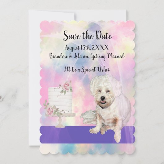 かわいい白い犬と一緒にSave the Date 招待状 (正面)