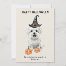 かわいい白い犬のハロウィンカード | 魔女の帽子パンプキン