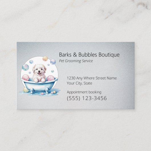 かわいい白い犬のバスペットグルーミングプロフェッショナル 名刺 (正面)