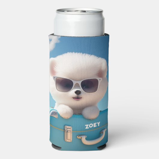 かわいい白い犬の旅行スーツケース 個人名入れ スリム缶クーラー (Seltzer裏面)