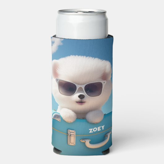 かわいい白い犬の旅行スーツケース 個人名入れ スリム缶クーラー (Seltzer正面)