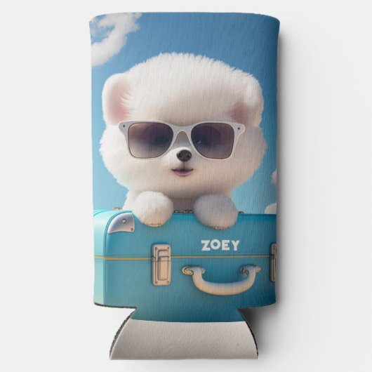 かわいい白い犬の旅行スーツケース 個人名入れ スリム缶クーラー (裏面)