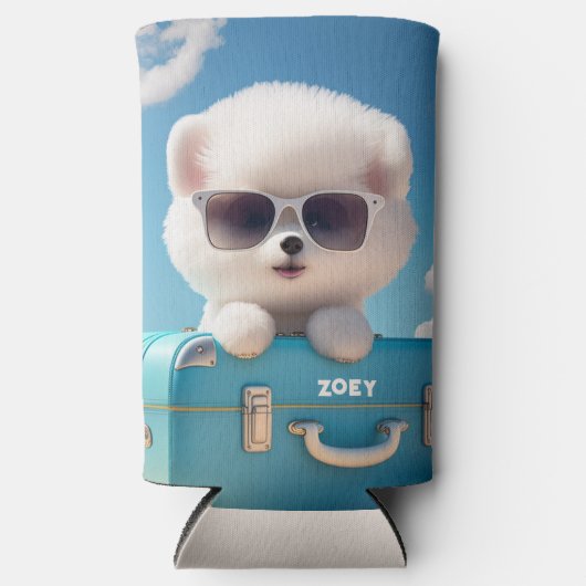 かわいい白い犬の旅行スーツケース 個人名入れ スリム缶クーラー (正面)