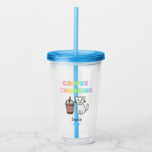 かわいい白い猫&コーヒーカフおもしろいェイン虹 アクリルタンブラー