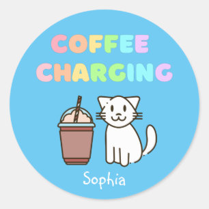 かわいい白い猫&コーヒーカフおもしろいェイン虹 ラウンドシール