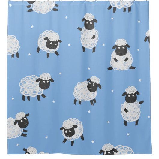 かわいい白い羊:ヴィンテージの子羊。 シャワーカーテン (正面)