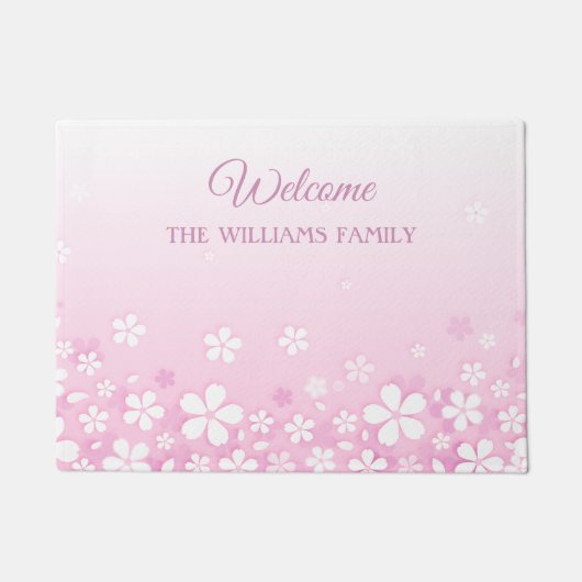 かわいい白い花と苗字と歓迎 ドアマット (正面)