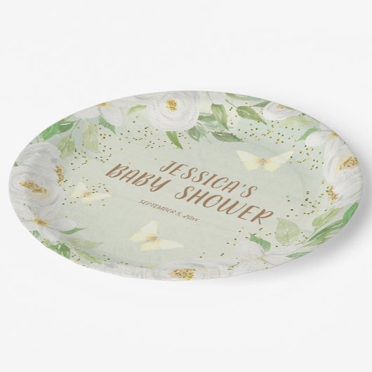 かわいい白い花緑の裏庭の赤ちゃんシャワー ペーパープレート (アングル)