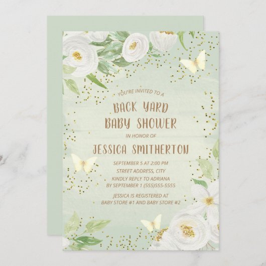 かわいい白い花緑の裏庭の赤ちゃんシャワー 招待状 (正面/裏面)