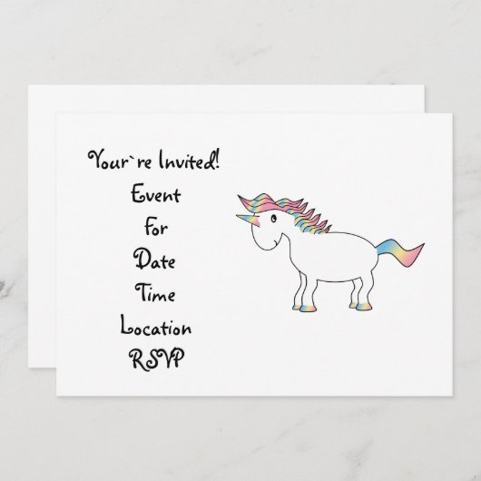 かわいい白い虹のユニコーン 招待状 (正面/裏面)