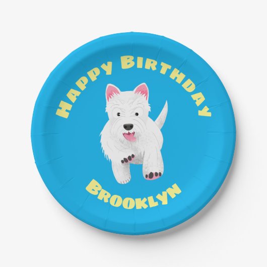 かわいい白い西ハイランドテリアの漫画 ペーパープレート (正面)