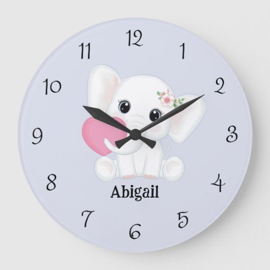 かわいい白い赤ちゃん象 ピンクのハート オーダーネーム ラージ壁時計 (正面)