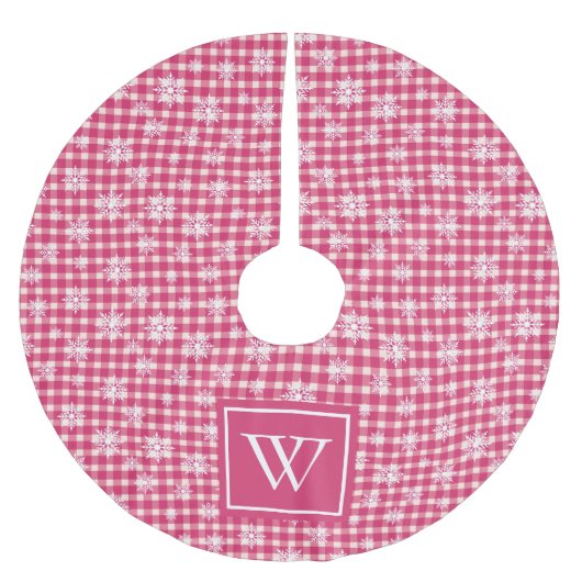 かわいい白い雪片ピンクバッファロープレイドモノグラム ブラッシュドポリエステルツリースカート (正面)