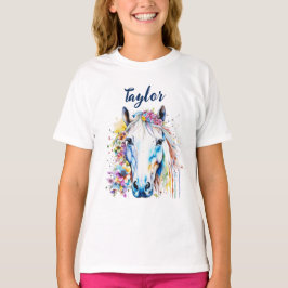 かわいい白い馬の花柄パーソナライズ  Tシャツ