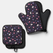 かわいい白うさぎと花の模様 鍋つかみ&鍋敷きセット (正面/裏面)