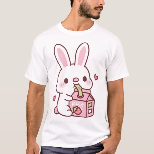 かわいい白うさぎのいちごミルク愛飲 Tシャツ (正面)