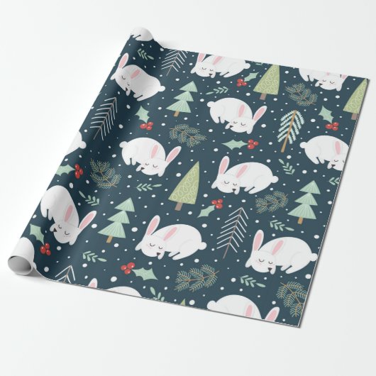 かわいい白うさぎウッドランドをテーマにしたクリスマス ラッピングペーパー (アンロールド)
