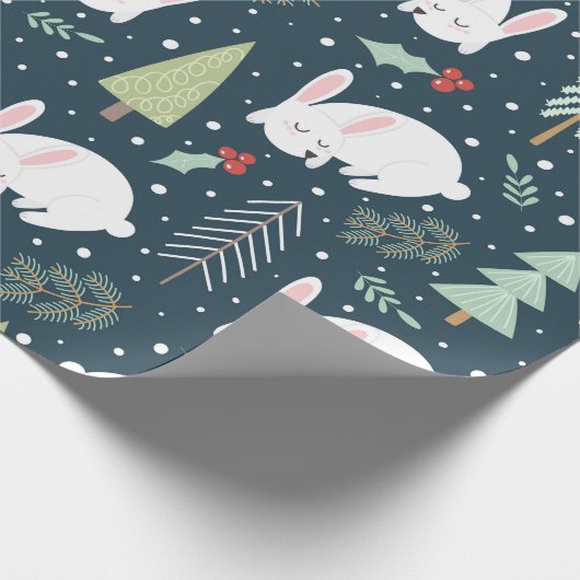 かわいい白うさぎウッドランドをテーマにしたクリスマス ラッピングペーパー (角)