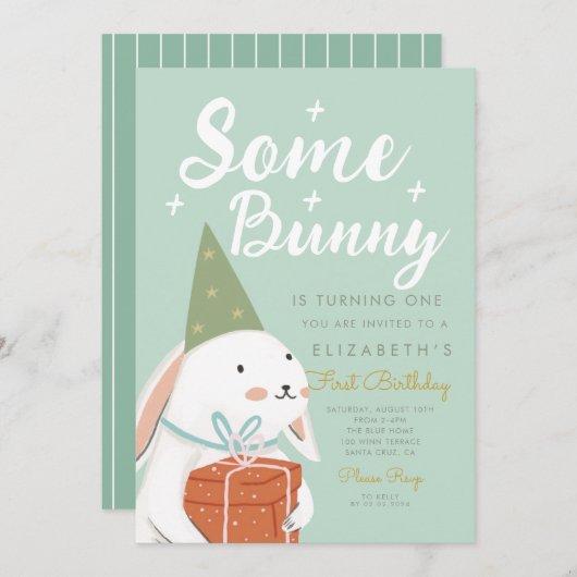 かわいい白うさぎバニーが一日で曲がっている 招待状 (正面/裏面)