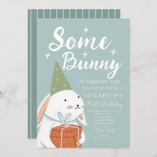 かわいい白うさぎバニーが一日で曲がっている 招待状 (正面/裏面)