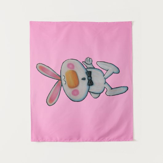 かわいい白うさぎ親指のブラックボウタイピンク タペストリー (正面)