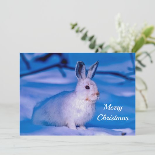かわいい白うさぎ雪フォトクリスマスフラット シーズンカード (スタンド正面)