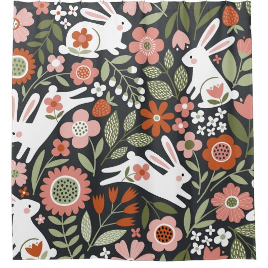 かわいい白うさぎ、フローラヴィンテージパターン。 シャワーカーテン (正面)