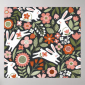 かわいい白うさぎ、フローラヴィンテージパターン。 ポスター (正面)