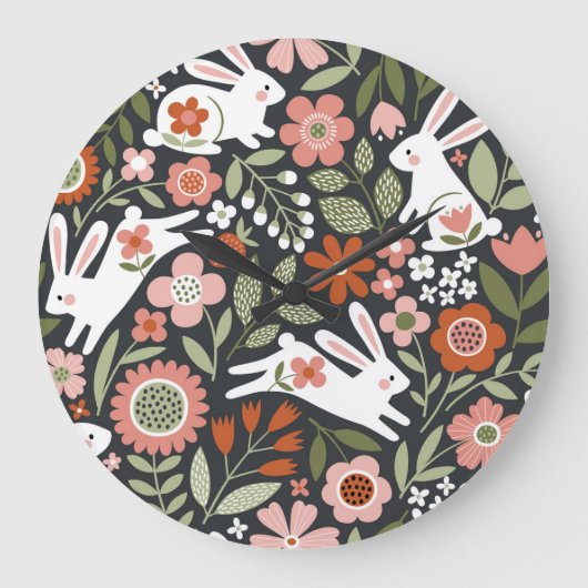 かわいい白うさぎ、フローラヴィンテージパターン。 ラージ壁時計 (正面)