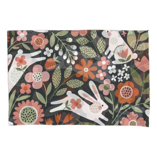 かわいい白うさぎ、フローラヴィンテージパターン。 枕カバー (正面)