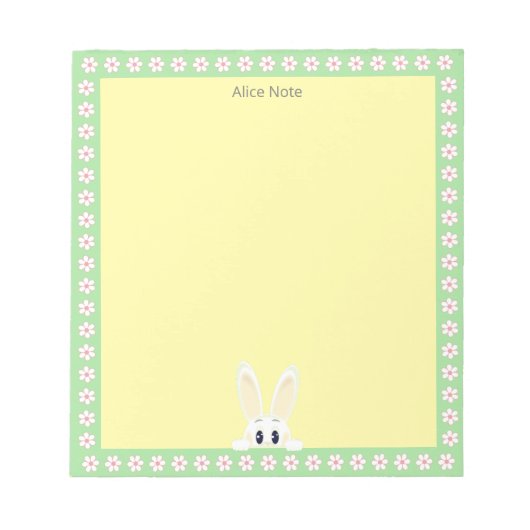 かわいい白うさぎ&白い花オンイエローシンプル花 ノートパッド (正面)