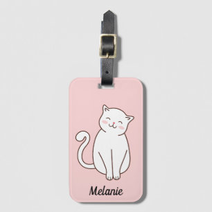 かわいい白かわいい笑顔の猫ピンクパーソナライズされた ラゲッジタグ
