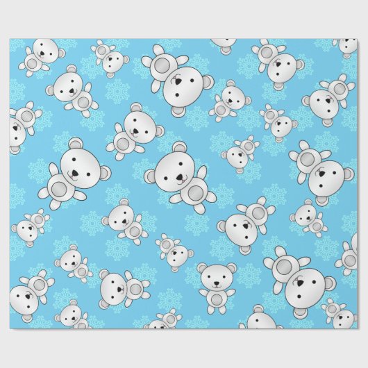 かわいい白くまの青の雪片 ラッピングペーパー (フラット)