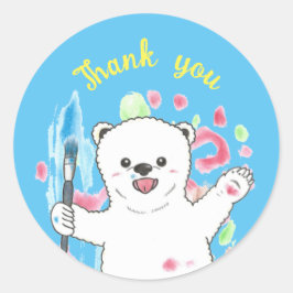 かわいい白くま　小さなアーティスト　サンキュー　青 ラウンドシール