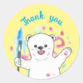 かわいい白くま 小さなアーティスト サンキュー 黄色 ラウンドシール (正面)