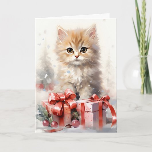 かわいい白とオレンジの子猫のクリスマスグリーティング カード (正面)