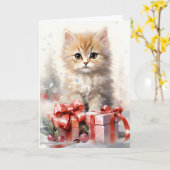 かわいい白とオレンジの子猫のクリスマスグリーティング カード (黄色い花)