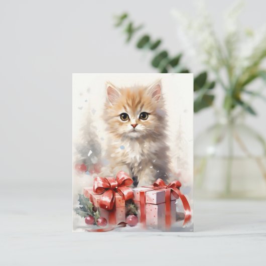 かわいい白とオレンジの子猫クリスマス シーズンポストカード (スタンド正面)