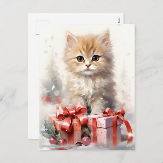 かわいい白とオレンジの子猫クリスマス シーズンポストカード (正面/裏面)